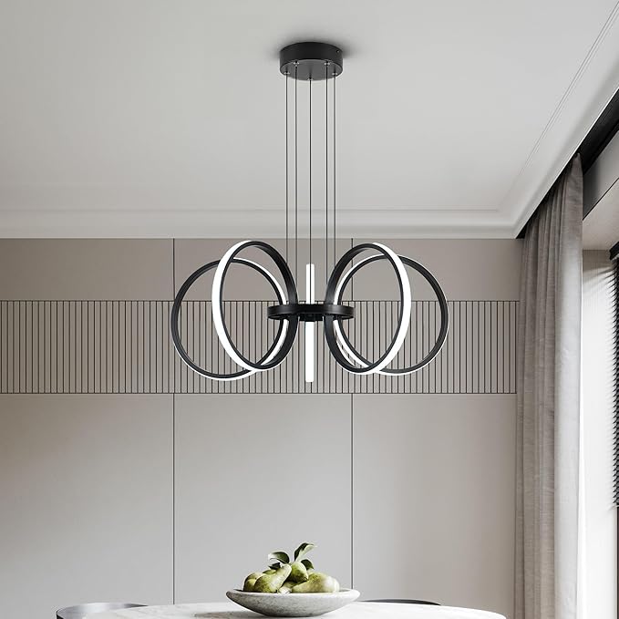 Mayful Modern LED Chandelier, Black Pendant Light with 5 Rings, Adjustable Height Modern Chandeliers for Dining Room Living Room Kitchen Bedroom Entryway,6000K Daylight