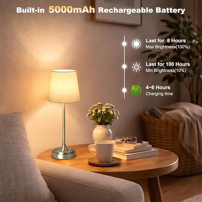 Wowag Cordless Table Lamp Rechargeable,5000mAh Battery Operated Desk Lamp,3 Colors & 7 RGB Stepless Dimmable,Touch Ambient Light for Bedside,Bedroom,Dining Room,Living Room,Bronze,FlaxenShade