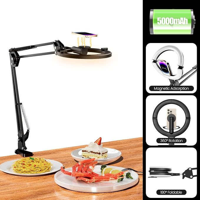 10" Magnetic Ring Light Overhead Camera Phone Mount, XINBAOHONG LED Selfie Light with Stand and Phone Holder, Rechargeable Desk Light for Video Recording