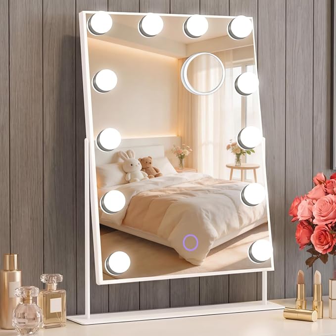 Hollywood Vanity Mirror with Lights 14" x 19", 10x Magnifying, 12 LED Bulbs, 3 Color Lights and 360° Rotation Desk Lighted Makeup Mirror for Bedroom Dresser College Dorm
