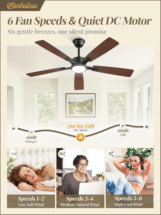 Fanbulous 52 Inch Ceiling Fans with Lights, Black, Remote & APP Control | Stepless CCT & Dimmable Light, 20W LED Ceiling Fan, 6 Speeds, Reversible Quiet DC Motor, for Bedroom, Living Room, Apartment