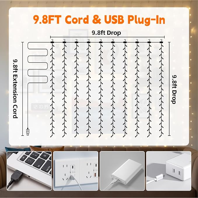 Curtain String Light, 300LED 9.8x9.8ft, Remote & 8 Modes, USB | Window Wall Hanging String Lights, For Bedroom, Wedding, Party, Home, Garden and Indoor Decorations, Warm White