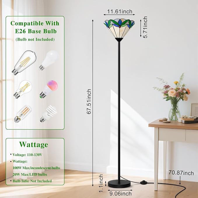 Stained Glass Floor Lamp with Tree Leaf Pattern, Vintage Style Torchiere Floor Lamp, Tall Corner Pole Lamp with Foot Switch, Antique Decorative Standing Reading Light for Living Room Bedroom(E26 Base)