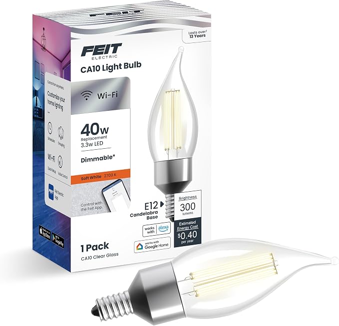 Feit Electric Smart CA10 Flame Tip LED Chandelier Light Bulb, 40W Eq