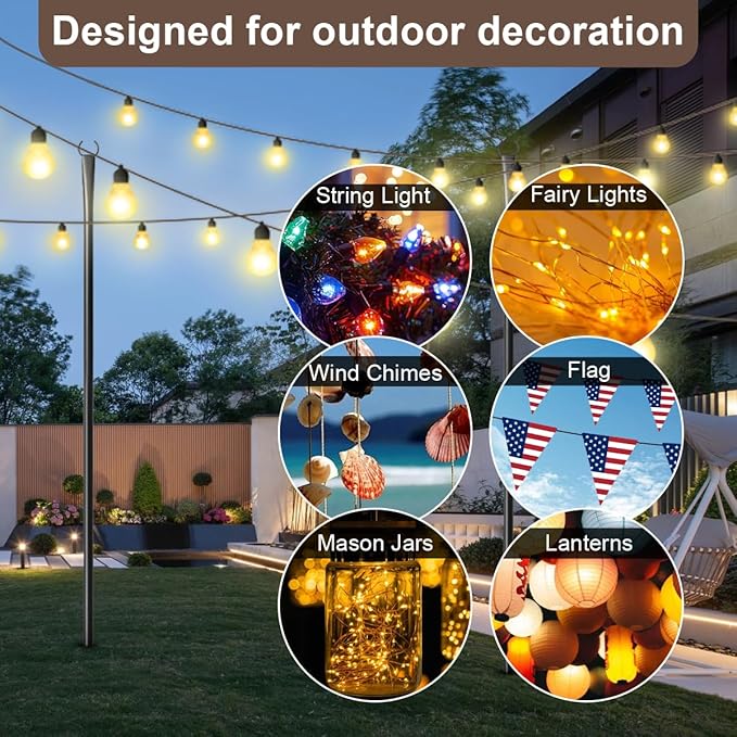 6 Pack 9FT String Light Poles for Outdoor,Metal Lights Hanging Pole Outside with Fork,Light Stand for Patio, Pergola, Garden, Backyard, Yard, Camping Party