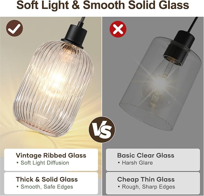 2 Pack Pendant Lights with Vintage Clear Ribbed Glass Lampshade, Adjustable Matte Black Pendant Lights Fixtures for Kitchen Island Lighting Sink, Dining & Living Room Hallway (Bulbs Not Included)