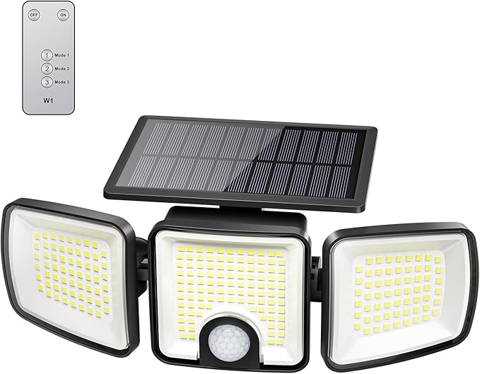 Brightown 1 Pack Solar Flood Outdoor Lights with Motion Sensor 3 Modes | 2500LM 223 LED Solar Outdoor Lights, 3 Head 270° Wide Angle Street Area IP65 Waterproof Security Wall Lights with Remote