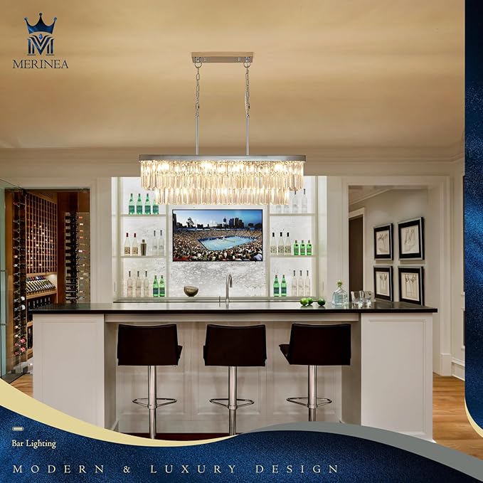 Modern Chrome Rectangle Chandelier L33.5” Luxury K9 Crystal Ceiling Pendant Light Fixture 11 Lights Rectangular Long Chandelier for Kitchen Island Dining Room Living Room Bar