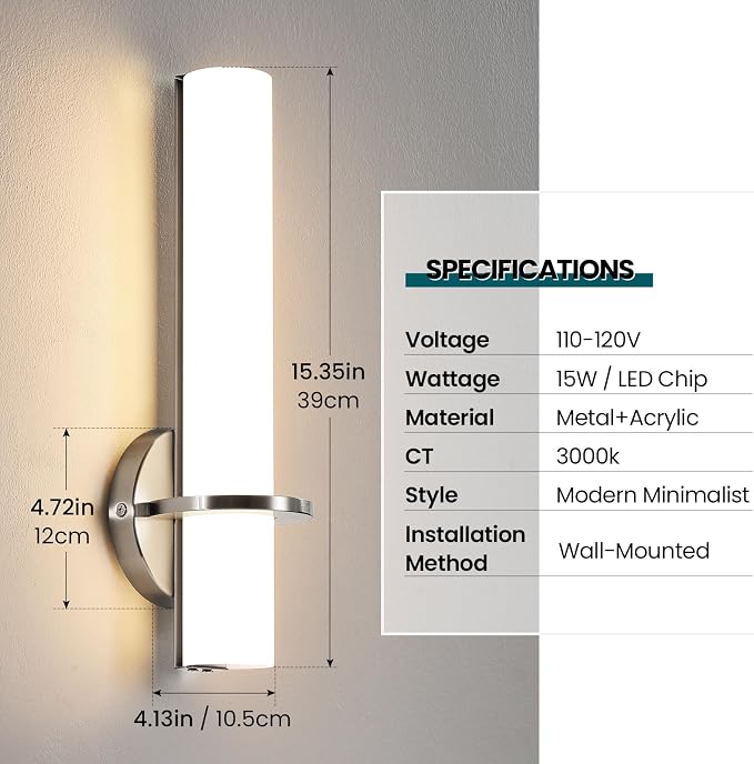AIJIASI Brushed Nickel Wall Sconces Set of Two - 15 inch Modern Bathroom Sconce 15W 3000K Dimmable LED Sconces Wall Lighting, Indoor Wall Sconce Light for Living Room Corridor Mirror Bedroom Stairs