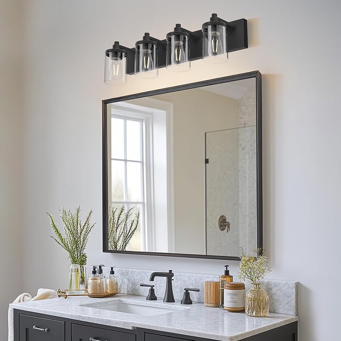 Bathroom Vanity Light, 4 Light Matte Black Light Fixture with Clear Glass Shade, 29 in Modern＆Farmhous Vanity Lights, Bathroom Light Fixtures Over Mirror for Bathrooms, Livingroom