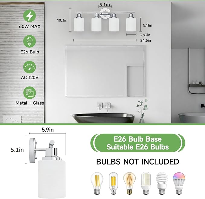 4-Light Chrome Vanity Lights for Mirror, Bathroom Light Fixtures with Textured Milky White Glass Shade, Modern Kitchen Light Fixtures Wall Sconce Light