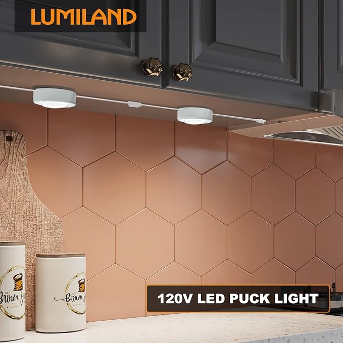 LUMILAND Wired LED Puck Lights 120V (2.7Wx3) Plug-in Lighting Warm White, LED Cabinet Light for Kitchen Can Be Surface Mount or Recess Mount, White