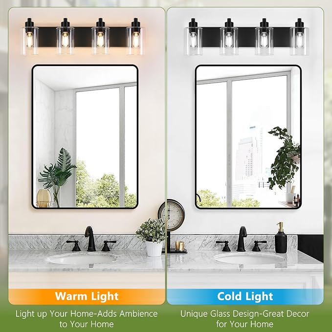 Dpyrrhic Bathroom Vanity Light, Modern Matte Black 4-Light Bathroom Lights Over Mirror with Clear Glass Shade,Wall Sconces for Bedroom,Living Room