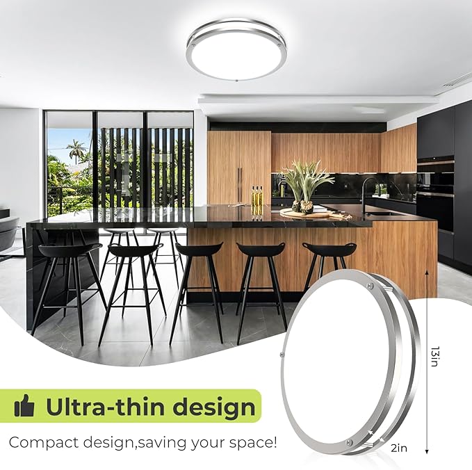 hepside Flush Mount LED Ceiling Light with Remote, Dimmable& 3000K-6500K Adjustable Ceiling Light Fixture, Timer, Night light, 13 inch Brushed Nickel Ceiling Lamps for Kitchen Bathroom Bedroom Hallway
