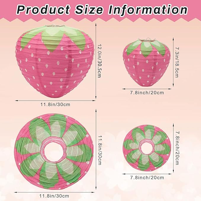 Strawberry Paper Lanterns, 8" & 12" Large Strawberry Hanging Lantern, Strawberry Hanging Decorations for Fruit Theme Birthday Party Decor(6 Pcs, Pink)