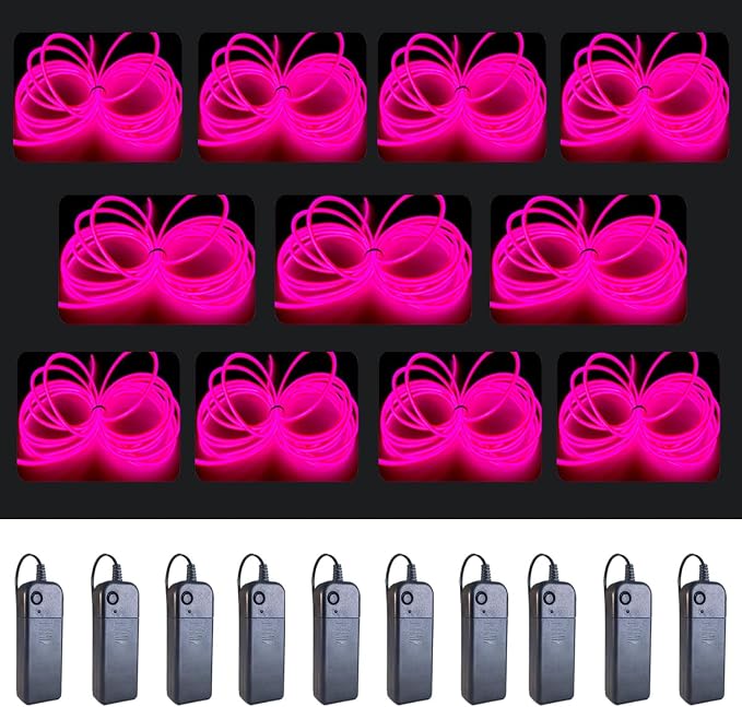 MaxLax EL Wire Pink 10-Pack, 16.4ft/5m Neon Light Wire with Noise Reduction and Battery Pack…