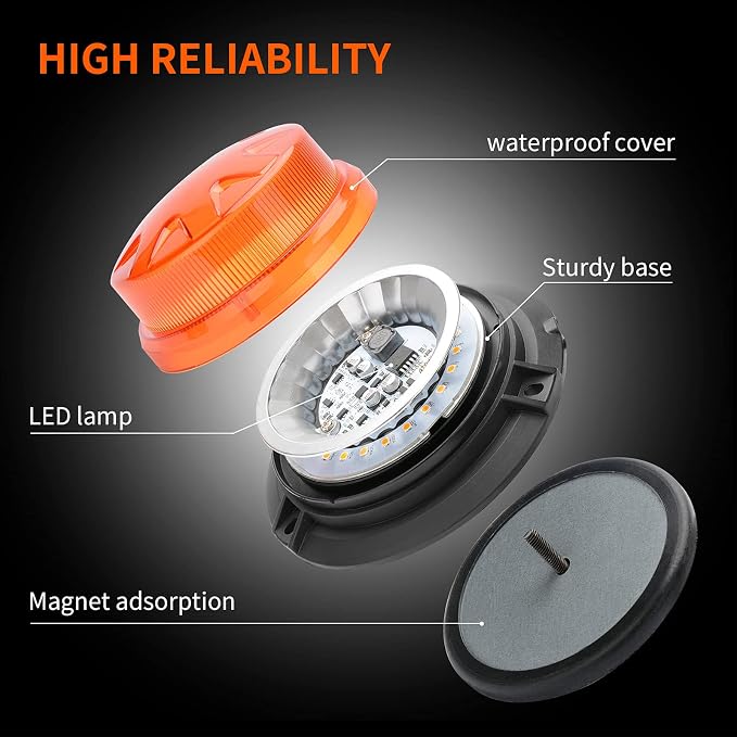 Amber Yellow Led Emergency Strobe Beacon Lights for Car 12V 24V 24-LEDs | Magnetic Mount, 8 Flash Model, Warning Safety Flashing, Rooftop Signal Lamp for Forklife Construction Truck Tractor Golf SUV
