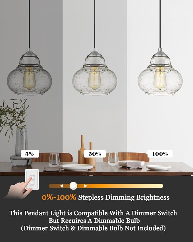 ELYONA 8 Inch Bubble Glass Pendant Light Industrial Kitchen Island Globe Hanging Pendant Light Fxiture Modern Hand Blown Seeded Glass for Farmhouse Dining Room Bar Bedroom Living Room Brushed Nickel
