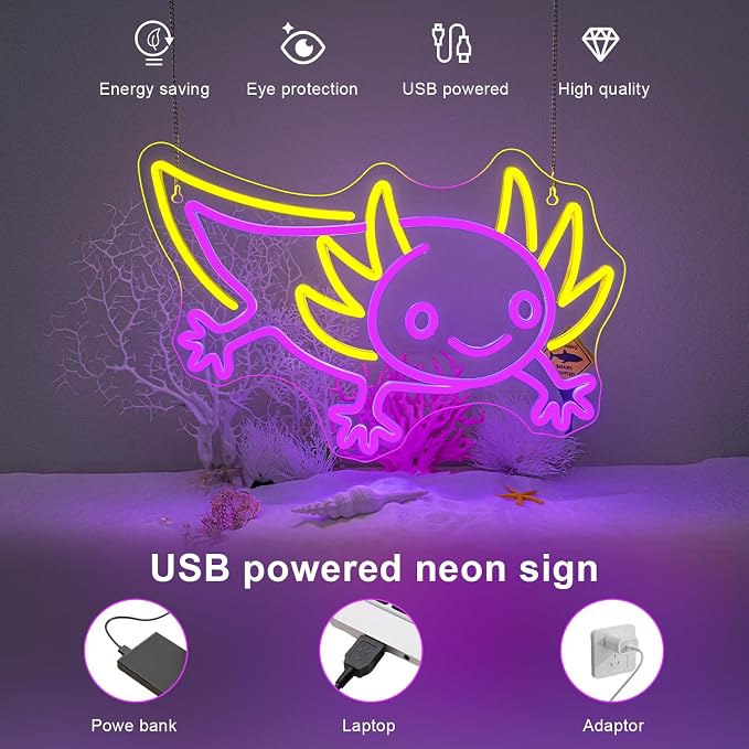 LUCUNSTAR Axolotl Neon Sign Anime Neon Signs for Wall Decor Man Cave Axolotl Decor for Men Neon Light for Wall Anime Kawaii Led Decor USB Powered Led Animal Signs for Home Wall Decor Boys Room