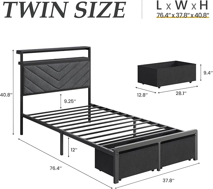 Fluest Twin Bed Frame with Storage Drawers, Upholstered Headboard with Charging Station, LED Lights, Fabric Drawers with Wheels, Under Bed Storage, No Box Spring Needed, Easy Assembly, Grey