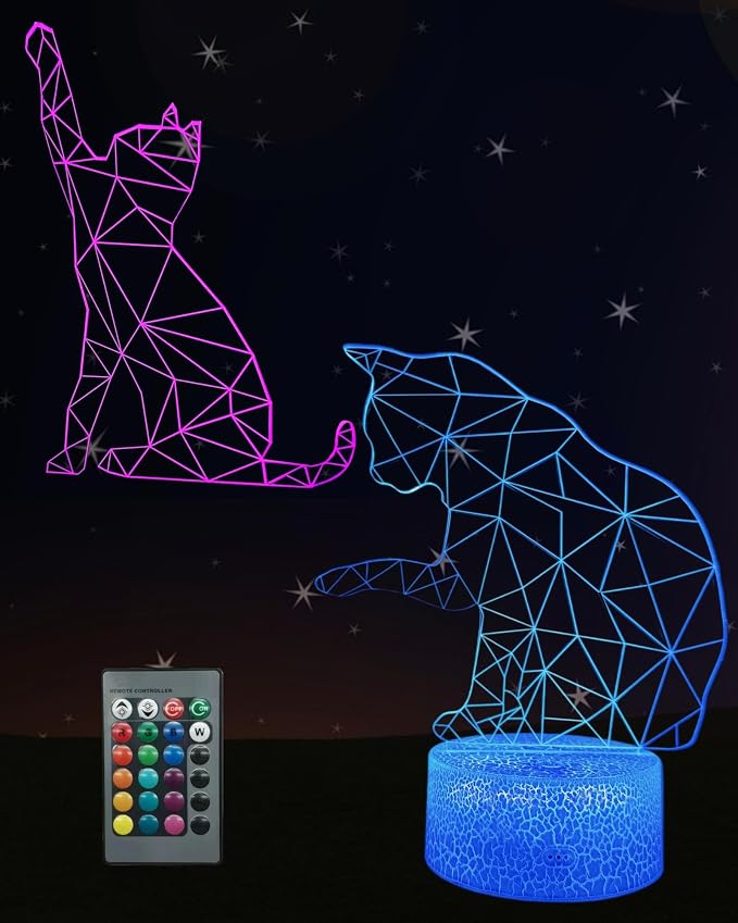 Cat 3D Illusion Night Light, Cute Kitten Gift, 2 Patterns | 16 Colors Changing, Dimmable, Touch & Remote Control, Boy Girl Bedroom Décor Lamp, Birthday Christmas Toy for Kid Lover Women