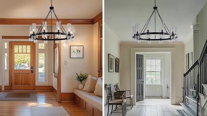 32 Inch Black Wagon Wheel Chandelier with Glass Shade, 10 Lights, Modern Farmhouse Style, Ideal for Dining Room, Kitchen, Entryways