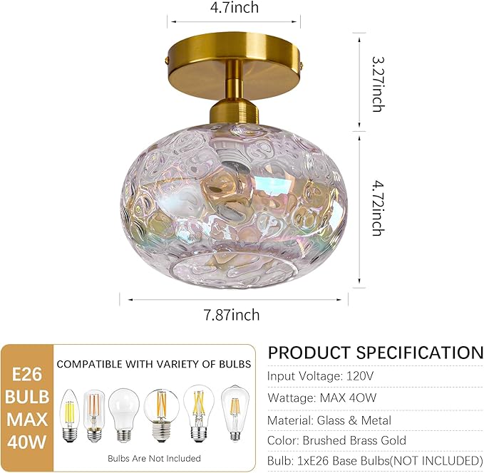 7.9″ Vintage Small Rainbow Semi Flush Mount Hallway Ceiling Light ,2 Pack | Art Deco Stained Hammered Glass,Whimsical,Gold Mid Century Light Fixtures for Closet Cottage Entryway Laundry Room Foyer