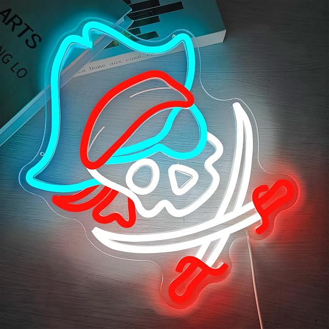 Pirate Neon Sign PirateLED Signs for Bedroom Kids Room Skull Neon Lights for Wall Decor Perfect Pirate Party Favors Retro Nautical Neon Wall Sign Light Up Sign Gift for Pirate Themed Party