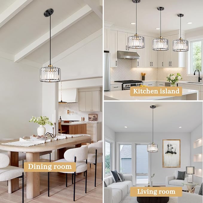 TALOYA Pendant Lights Kitchen Island Black and Gold, Crystal Pendant Light Modern for Dining Room, Height Adjustable Chandelier Hanging Island Light Fixtures for Kitchen Hallway(Bulb Not Included)