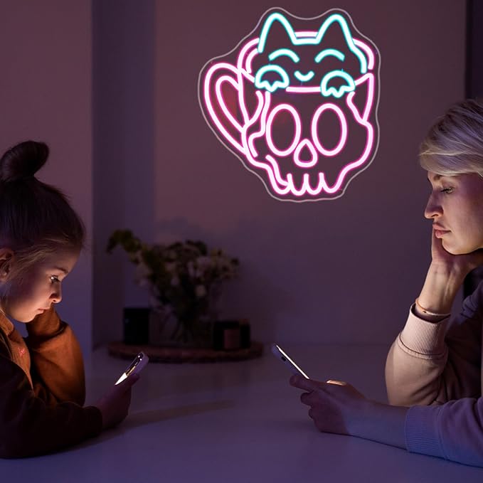 Neon Sign, JGHTURIE Cup Neon Signs for Wall Decor Funny Skull Cat Light Up Sign USB Powered Pink Led Signs for Man Cave Business Coffee Cafe Shop Bakery Hotel Store