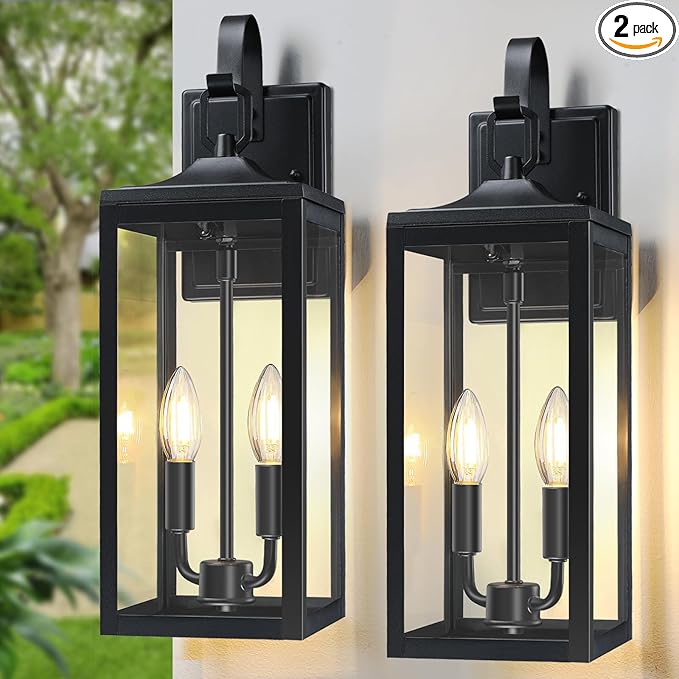 18'' Large Outdoor Wall Lights 2 Packs, Porch Light E12 2-Light, Black | Waterproof Exterior Lighting Fixtures, Outdoor Lanterns for Porch, Modern Wall Sconces, Outside Lights for House Garage