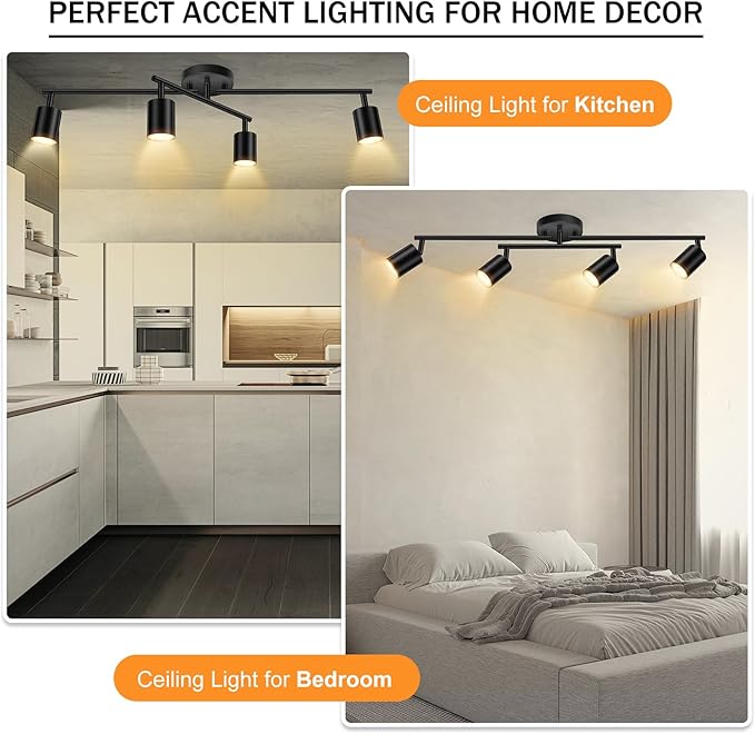 4 Light Track Lighting Kit Kitchen, Black Track Lighting Fixtures Ceiling, 4 Way Modern Flexible Spot Track Lighting, Industrial LED Lights for Room Hallway Bedroom(GU10 Socket, Bulb Not Included)