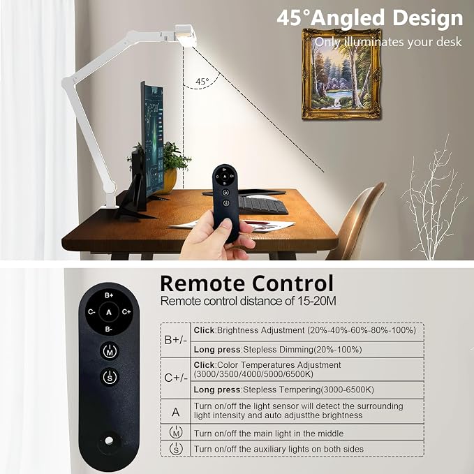 Architect Desk Lamp with Clamp, Led Desk Lamp for Home Office with Remote Control, 24W Bright Dimmable Computer Light with Atmosphere Lighting Adjustable Table Light(Remote)