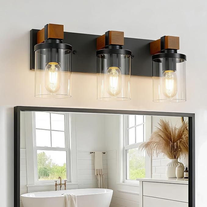 3-Light Farmhouse Bathroom Light Fixtures, Black Bathroom Vanity Light Fixtures Over Mirror, Rustic Sconces Wall Lighting with Clear Glass Shades for Living Room, Bedroom, Hallway