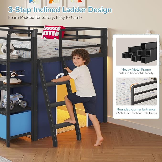 Low Loft Bed Twin Size with Desk, 6 Storage Drawers & Bookshelf, Kids Loft Bed with LED Lights & Under-Bed Play Space, Heavy Duty Metal Bed Frame with 13.8"H Safety Guardrail & Ladder, Blue and Black