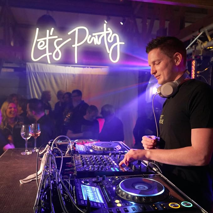 Let's Party Neon Sign, USB Powered Led Light for Birthday Party Bar Decor | for Pub Prom Wedding Festival Events Graduation Decorations, Dimmable, Portable, Easy Hanging Install, 15.7in, Warm White