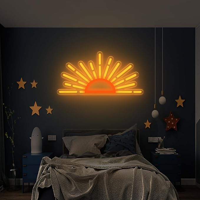 Sunrise Neon Sign, LED Half Sun Wall Light, Orange and Yellow, Bedroom and Living Room Decor