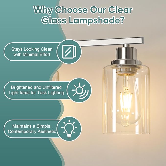 Ascher Bathroom Light Fixtures, 5-Light Vanity Light Over Mirror, Brushed Nickel Wall Sconces with Clear Glass Shades, Wall Lamp for Living Room Bedroom, E26 Base(Bulbs Not Included)
