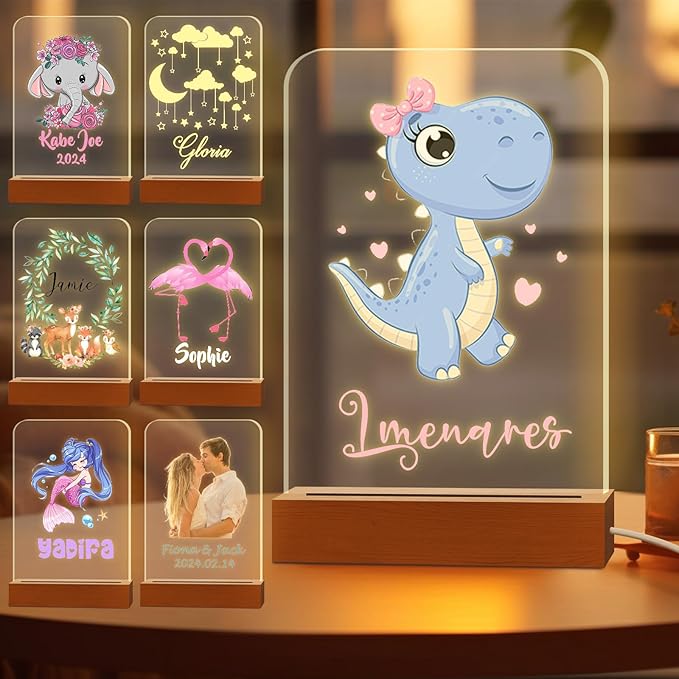 Personalized Night Light for Kids Custom Engraved Name Acrylic LED Lights with Wood Base for Nursery Bedroom Decor Night Lamp, Customized Birthday Gifts for Girl,Dinosaur