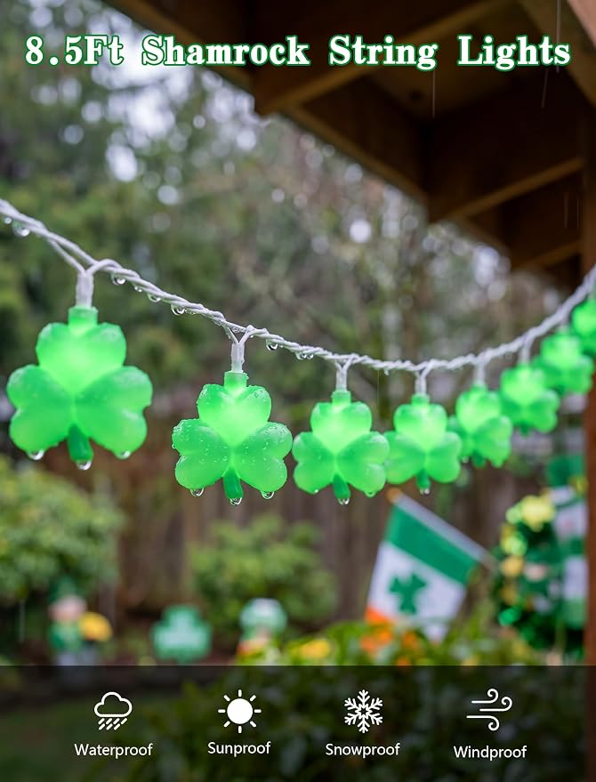 Shamrock String Lights, 8.5Ft St Patrick's Day Decorations with 10 LED Solid Green Clover Lights, Plug in Clover Fairy String Lights for Party Bar Garden Bedroom Party Irish Holiday Decor