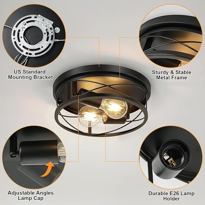 Farmhouse Lights,Black Industrial Flush Mount Ceiling Light, Ceiling Lamp Farmhouse Lighting Fixture for Hallway, Bedroom, Kitchen, Entrance, 2-Light