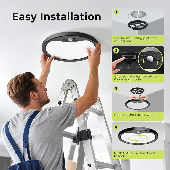 hepside 4 Pack Motion Sensor Ceiling Light Wired, 3000K/4000K/6500K LED Flush Mount Ceiling Light Fixture, 12Inch 24W Motion Sensor Light with Timer for Closet Stair Porch Hallway Pantry,Black