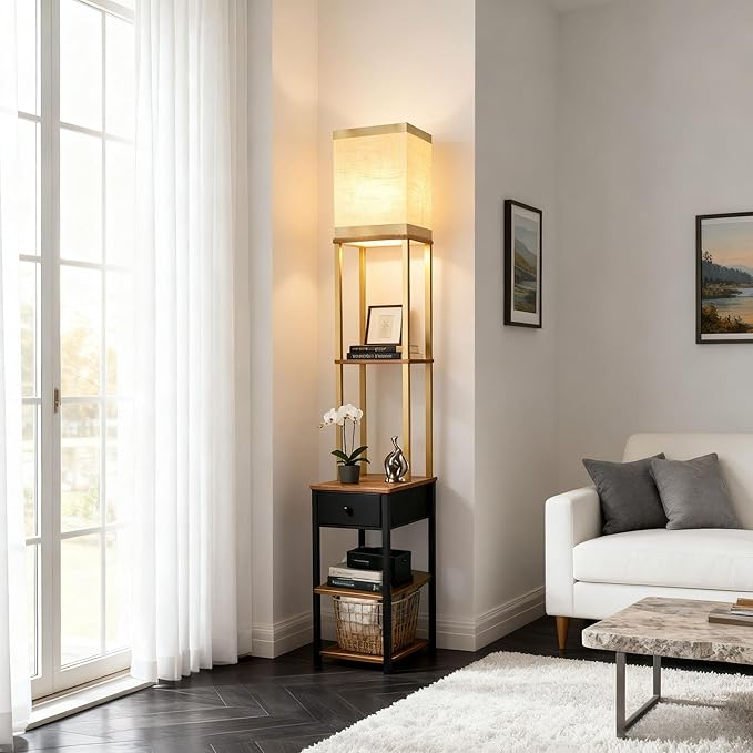 Lightdot Floor Lamp with Shelves&Drawer, Black and Gold Sofa Lamp with Fabric Shade, Display Corner Floor Lamp with Storage Table for Living Room/Bedroom/Sofa Beside/Corner Decor(Bulb Include)
