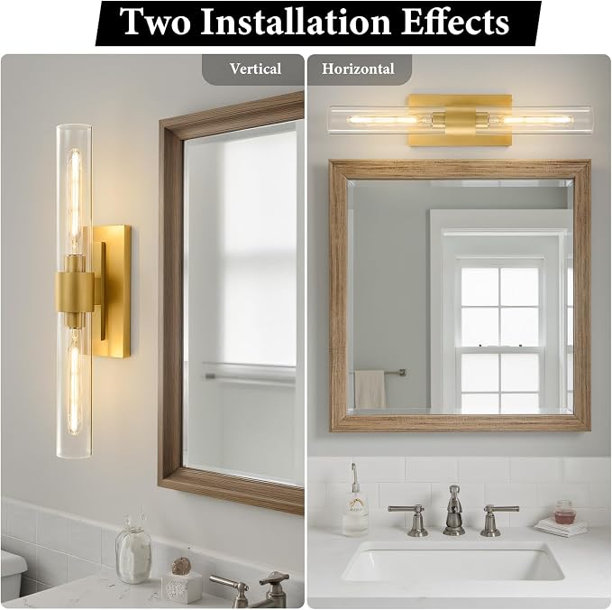 Champagne Brass Bathroom Wall Sconce: Modern Gold Indoor Dimmable Lighting | Clear Glass Tube Light Fixtures, Vertical or Horizontal Mounted Vanity Sconces for Living Room Bedroom Hallway