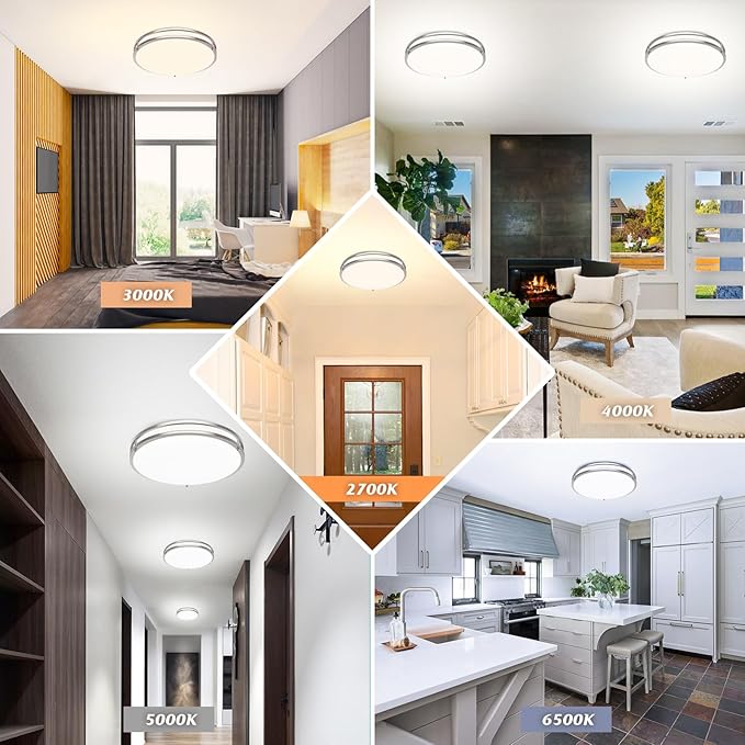 LED Flush Mount Ceiling Light Fixture, Dimmable 5CCT Selectable 2700K Warm White-6500K Super Bright Daylight White, 18 Inch 50W 6000LM Round Brushed Nickle Ceiling Lamps for Living Room Kitchen, 1PACK