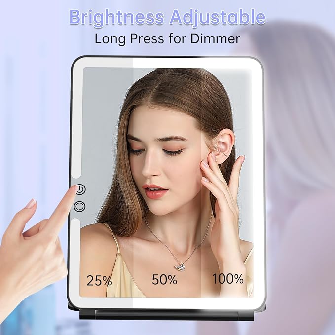 FUNTOUCH 2500mAh 10x7.5 Portable Large Travel Makeup Mirror with Light | Rechargeable Lighted Travel Makeup Mirror with 3 Color Lights,Dimmable Folding Light Up Make up Mirror with Small 10x Mirror