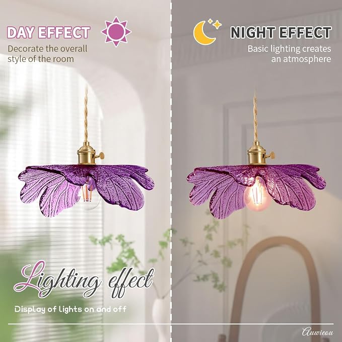 Modern Pendant Light for Dining Room, Purple Glass Leaf Shade | Mid Century Pendant Lights For Ceiling, Brass E26 Base, Gold Hanging Lamp Adjustable Height Vintage kitchen island Lighting