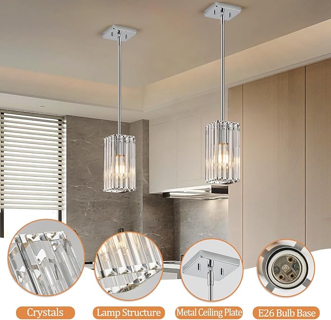 Modern Crystal Pendant Lights Kitchen Island, 3-Pack Chrome Hanging Light with Clear Crystal Shade, Adjustable Height Pendant Lighting for Kitchen Island Dining Room Bedroom Bar Entryway