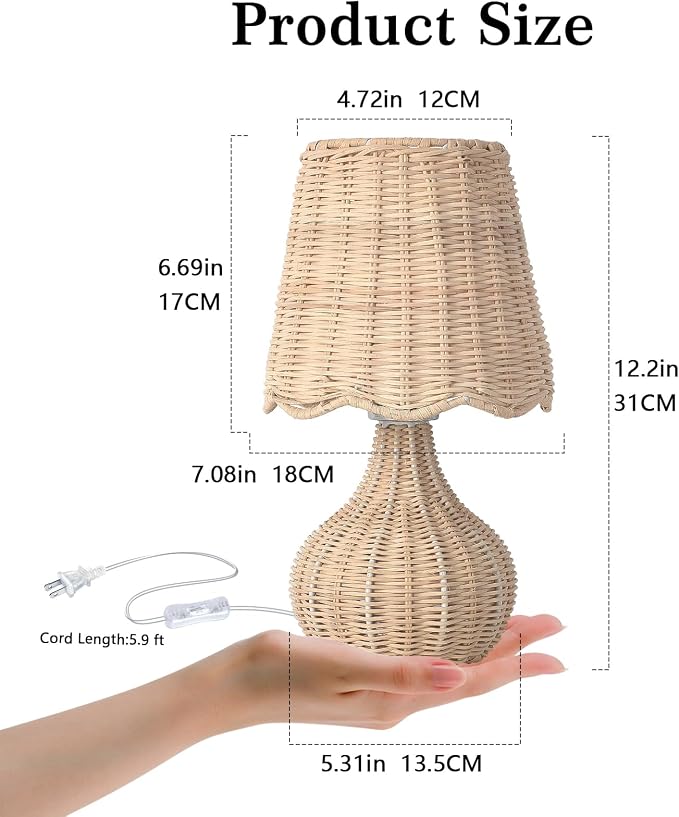 Ziqqeelam Rattan Small Bedside Table Lamp for Bedroom, Boho Mini Table Lamps for Nightstand, Farmhouse Small Table Lamps for Small Spaces for Kitchen Counter, Bookshelf, Bedroom, Kids Dorm