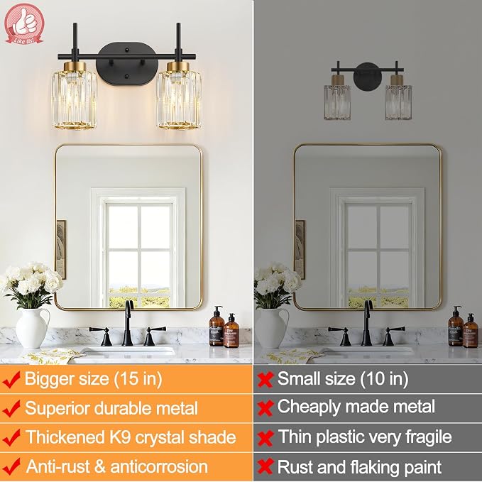 Modern Crystal Bathroom Vanity Light Fixtures, 2-Light Black and Gold Bathroom Wall Sconce Lighting for Over Mirror, Clear K9 Crystal Shades, E26 Base, Bulbs Not Included